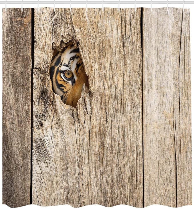 Ambesonne Savannah Shower Curtain, Siberian Tiger Eye Looking Through Wooden Peep Hole in Spy Predator Big Cat Wild Print, Cloth Fabric Bathroom Decor Set with Hooks, 69" W x 75" L, Tan