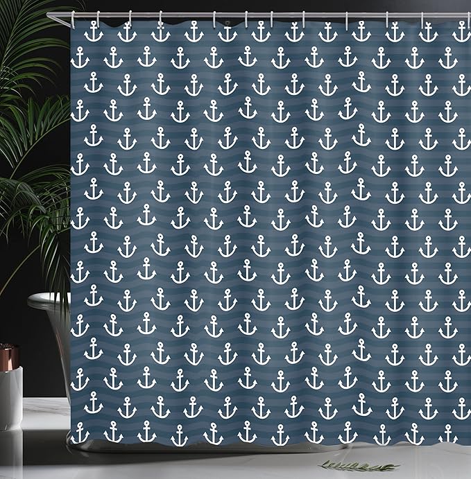 Ambesonne Nautical Shower Curtain, Anchor Pattern Marine Themed Symmetric Adventure Cottage Ship Boat Motif, Cloth Fabric Bathroom Decor Set with Hooks, 69" W x 75" L, Dark Blue