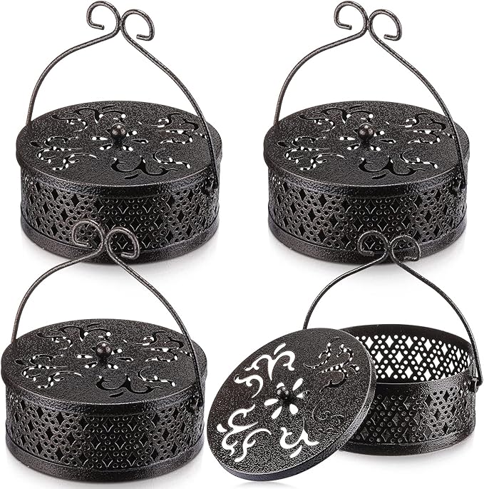 Lallisa Incense Coil Holder Sets, Round Metal Hanging Incense Burner with Handle and Lid, Portable Coil Burner Stand Container for Patio Camping Garden Home Indoor Outdoor Decor(Bronze Color,4 Pcs)
