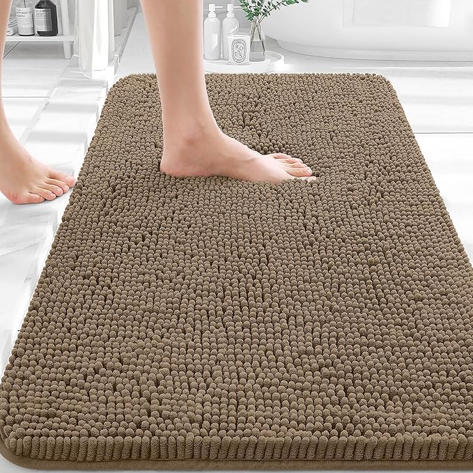 OLANLY Bathroom Rugs 32x20, Extra Soft Absorbent Chenille Bath Rugs, Rubber Backing Quick Dry, Machine Washable Bath Mats for Bathroom Floor, Tub and Shower, Home Decor Accessories, Tan