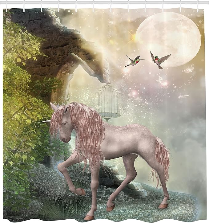 Ambesonne Hummingbirds Shower Curtain, Unicorn Green Spring Leaves Birds Twinkling Star Moon Mystic Fantasy, Cloth Fabric Bathroom Decor Set with Hooks, 69" W x 70" L, Dark Eggshell Fern Green