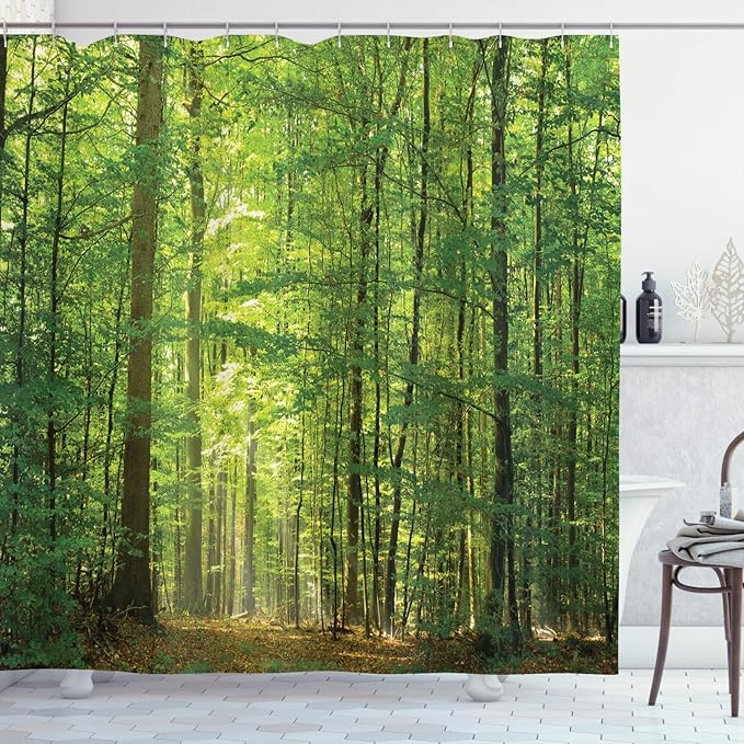 Ambesonne Woodland Shower Curtain, Deciduous Forest Trees in Summertime Foliage Sun Rays Romantic Holidays Scenic Image, Cloth Fabric Bathroom Decor Set with Hooks, 69" W x 70" L, Bamboo Green