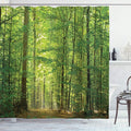 Ambesonne Woodland Shower Curtain, Deciduous Forest Trees in Summertime Foliage Sun Rays Romantic Holidays Scenic Image, Cloth Fabric Bathroom Decor Set with Hooks, 69" W x 70" L, Bamboo Green
