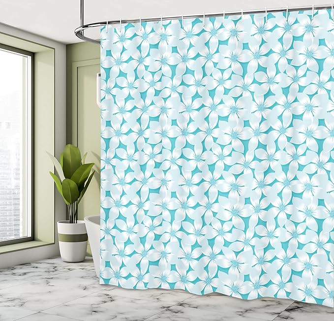 Ambesonne Turquoise Shower Curtain, Macro Tropical Hibiscus Flowers Pattern in Gradient Colors Hawaiian Exotic Print, Cloth Fabric Bathroom Decor Set with Hooks, 69" W x 70" L, Ivory Blue