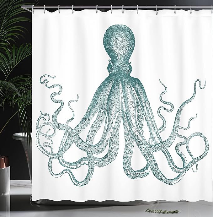 Ambesonne Nautical Shower Curtain, Vintage Engraved Illustration of an Octopus Sea Creature Monochrome Art, Cloth Fabric Bathroom Decor Set with Hooks, 69" W x 70" L, Pale Seafoam