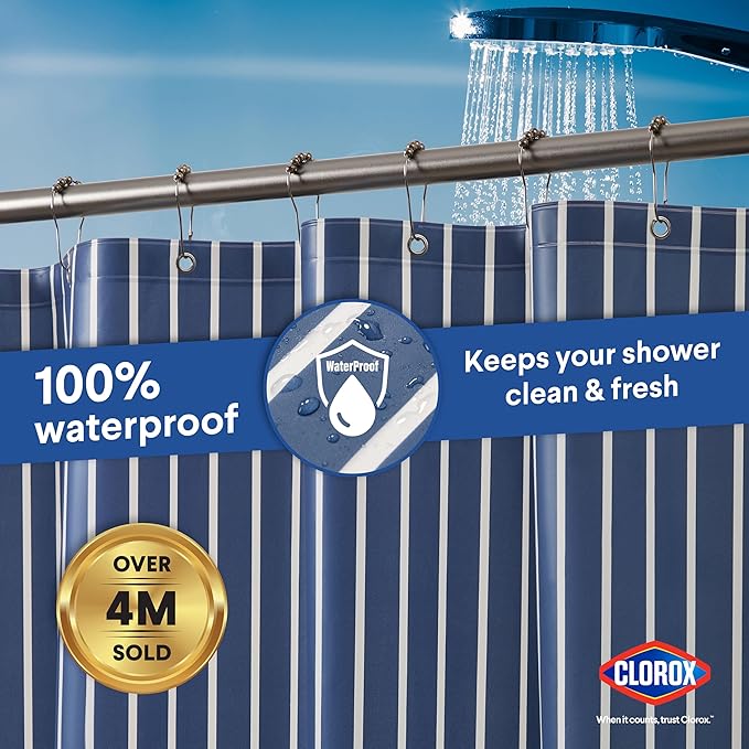 Clorox Shower Curtain Liner, Premium Striped Medium-Weight Durable Waterproof 6g PEVA for Bathroom with Weighted Magnets, Printed Standard Size 72" x 72", Navy