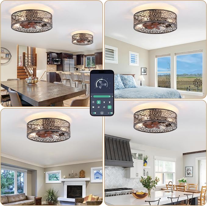COCOSTAR Caged Ceiling Fan with Light Flush Mount Farmhouse Retro Fandelier | Remote/APP,Low Profile,Enclosed,Bladeless,Quiet,20" Rustic Light Fixture with Fan for Kitchen Bedroom Living Room Dining Room