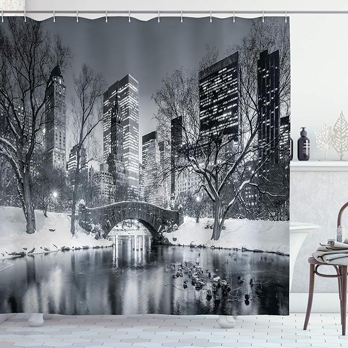 Ambesonne Cityscape Shower Curtain, Black and White Effect Monochrome New York City in Winter Central Park Snowy Buildings Photo, Cloth Fabric Bathroom Decor Set with Hooks, 69" W x 84" L, Dimgrey