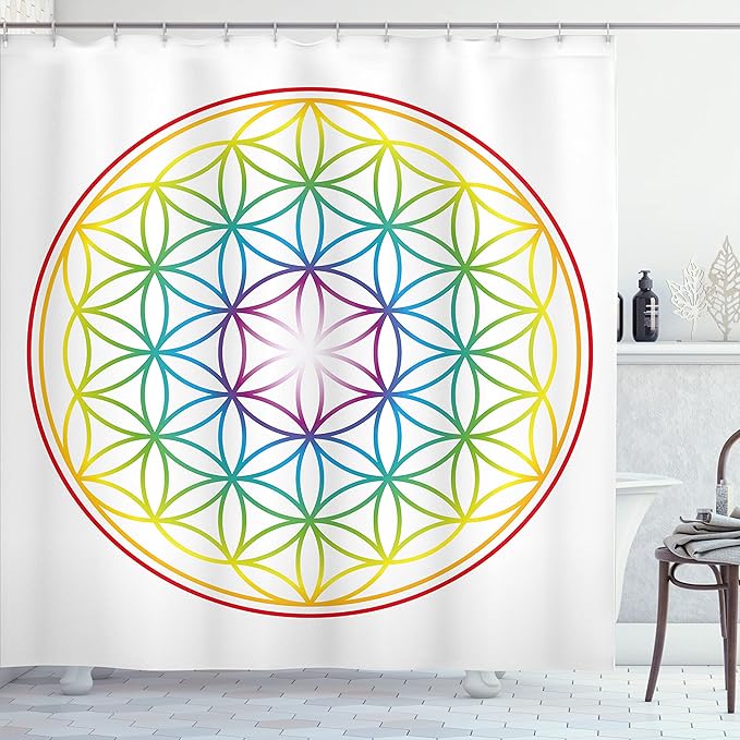 Ambesonne Colorful Shower Curtain, Flower of Life Pattern Radiant Colors Cosmic Dimension Space Forms Print, Cloth Fabric Bathroom Decor Set with Hooks, 69" W x 84" L, White Plum Earth Yellow