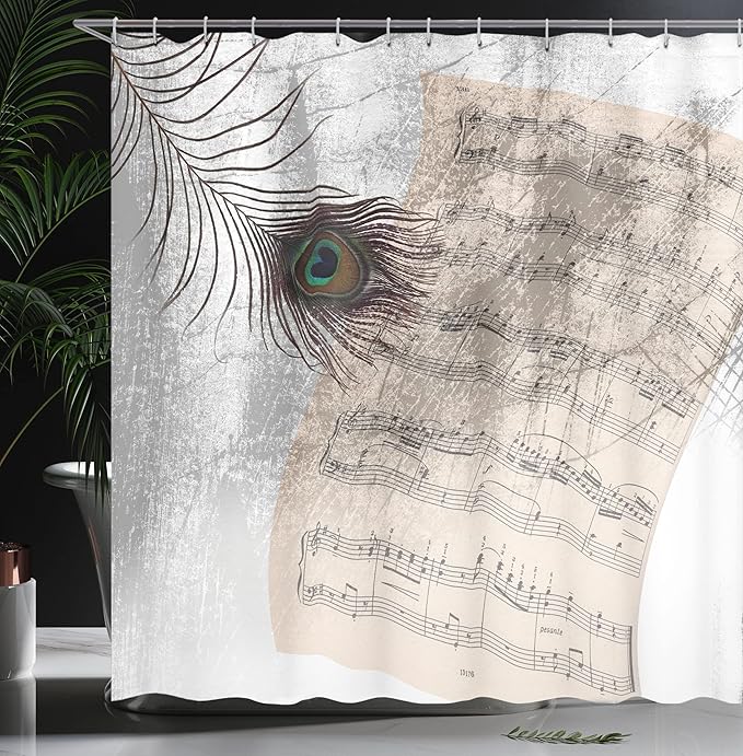 Ambesonne Peacock Shower Curtain, Music Notes Sheet Texture Animal Feather Evil Eye on Antique Style Musical Theme, Cloth Fabric Bathroom Decor Set with Hooks, 69" W x 70" L, Beige
