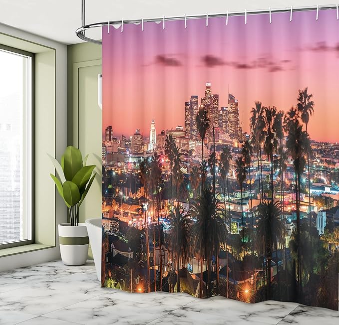 Ambesonne United States Shower Curtain, Vibrant Sunset Twilight Scenery Los Angeles Famous Downtown Palm Trees, Cloth Fabric Bathroom Decor Set with Hooks, 69" W x 70" L, Salmon Pink