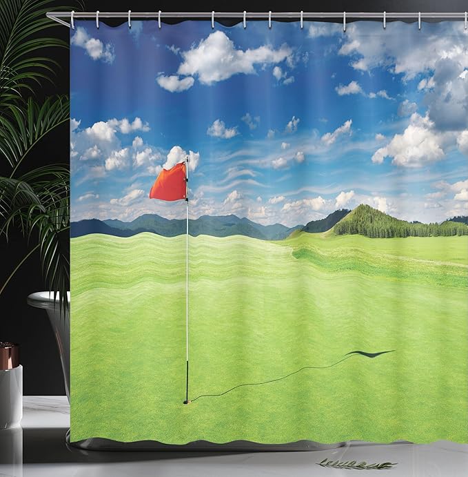 Ambesonne Sports Shower Curtain, Golf Field with Flag in The Hole Clouds Sky Summertime Golfing Landscape, Cloth Fabric Bathroom Decor Set with Hooks, 69" W x 75" L, Lime Green