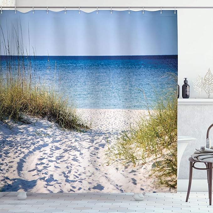 Ambesonne Beach Shower Curtain, Path to The Beach with a Clear Sky and Bushes Grasses Windy Sunny Day by The Peaceful Gulf of Mexico, Cloth Fabric Bathroom Set with Hooks, 69" W x 75" L, White Green