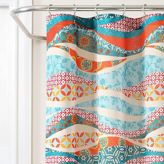Lush Decor Hailey Watercolor Wave Cotton Shower Curtain Single 72" W x 72" L Turquoise & Multi - Colorful Shower Curtains for Bathroom Curtain Maximalist