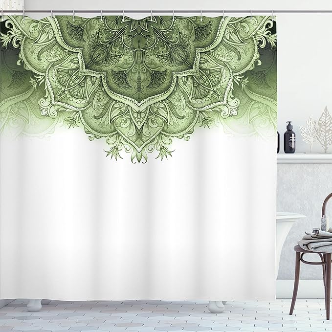 Ambesonne Moroccan Shower Curtain, Floral Art Vintage Style Eastern Architectural Elements Oriental Pattern, Cloth Fabric Bathroom Decor Set with Hooks, 69" W x 75" L, Light Green