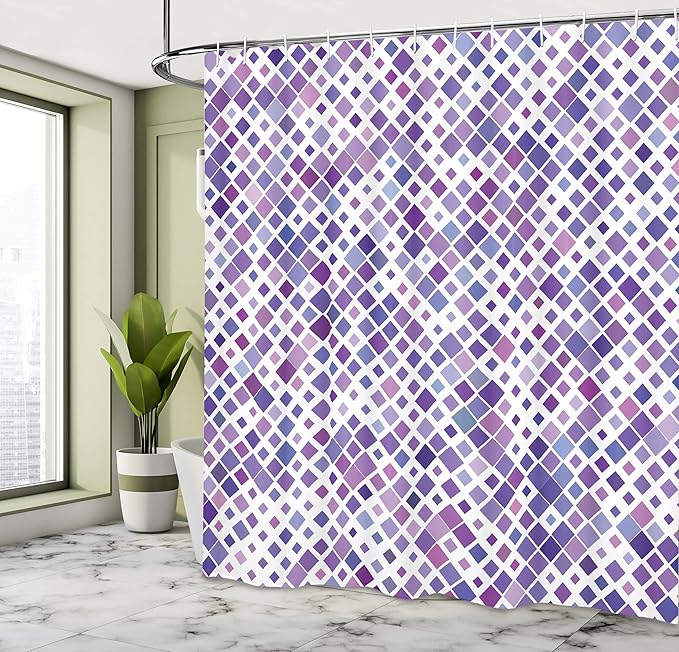 Ambesonne Lavender Shower Curtain, Retro Mosaic Creative Pattern Square Rhythm Abstract Art Print Design, Cloth Fabric Bathroom Decor Set with Hooks, 69" W x 84" L, Violet Purple