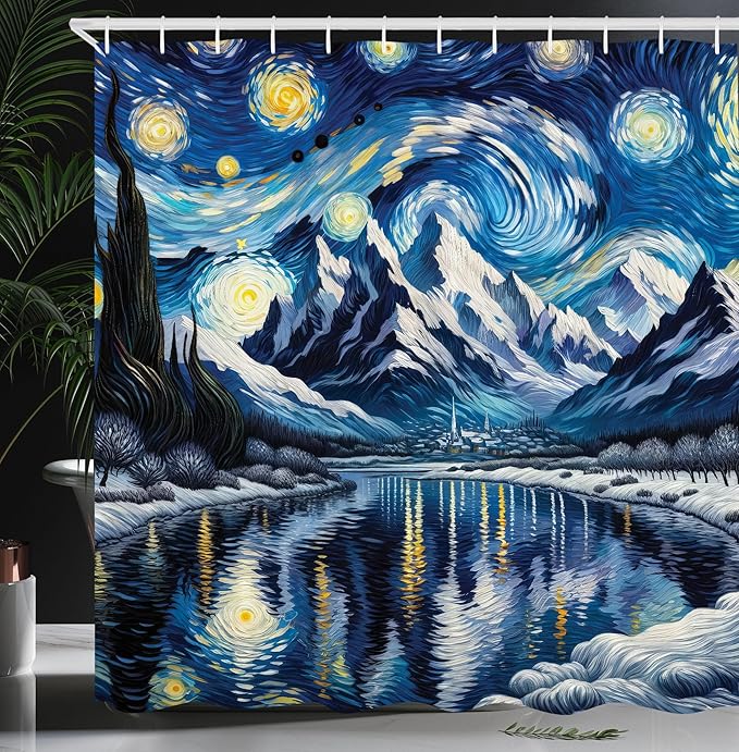 Ambesonne Painting Art Shower Curtain, Abstract Night Scenery with Impressionist Elements Starry Sky Lake, Cloth Fabric Bathroom Decor Set with Hooks, 69" W x 84" L, Royal Blue and Yellow