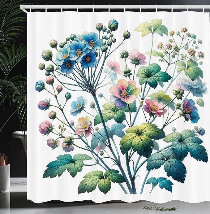 Ambesonne Floral Shower Curtain, Trippy and Bold Colorful Wild Flowers in a Spring Morning on Plain Back, Cloth Fabric Bathroom Decor Set with Hooks, 69" W x 70" L, Teal Green Multicolor