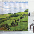 Ambesonne Tuscan Shower Curtain, Mediterranean Landscape House Trees Vineyard Agriculture, Cloth Fabric Bathroom Decor Set with Hooks, 69" W x 70" L, Pale Blue White