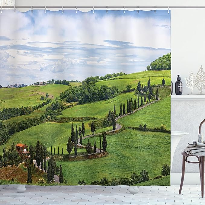 Ambesonne Tuscan Shower Curtain, Mediterranean Landscape House Trees Vineyard Agriculture, Cloth Fabric Bathroom Decor Set with Hooks, 69" W x 70" L, Pale Blue White