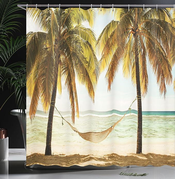 Ambesonne Beach Shower Curtain, Seascape with Hammock and Palm Trees on Shore Tropical Beach Setting Sun, Cloth Fabric Bathroom Decor Set with Hooks, 69" W x 84" L, Brown Green