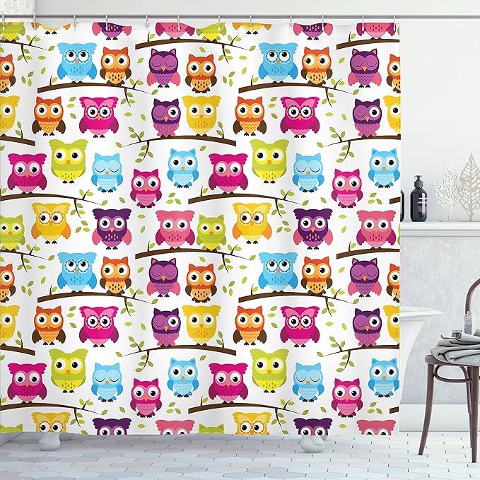 Ambesonne Owls Shower Curtain, Owls in The Forest Woodland Celebration Friendship Togetherness Themed Artwork Print, Cloth Fabric Bathroom Decor Set with Hooks, 69" W x 75" L, Green Magenta