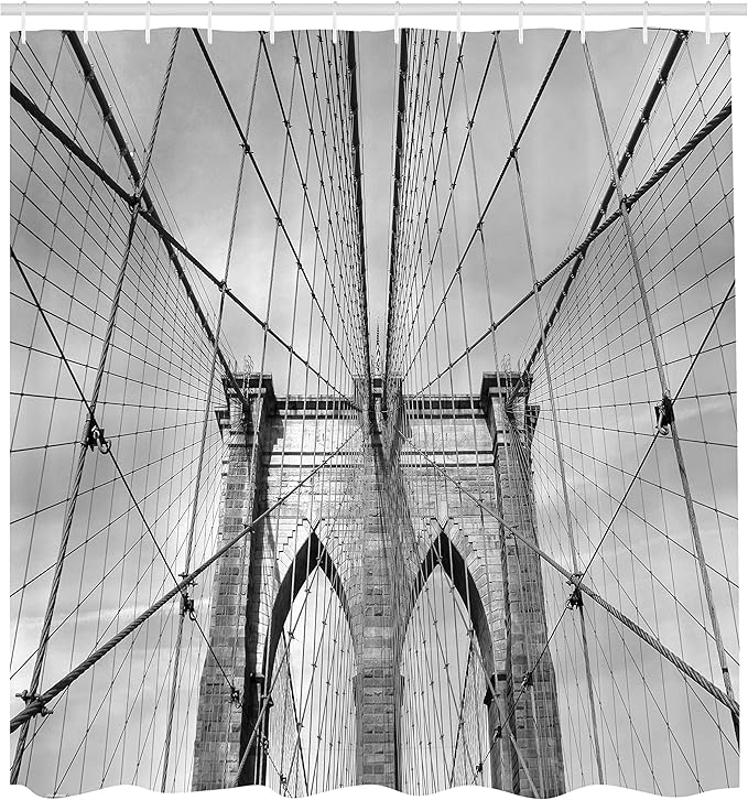 Ambesonne Landscape Shower Curtain, USA New York Brooklyn Bridge Cityscape Scenery Photo Print, Cloth Fabric Bathroom Decor Set with Hooks, 69" W x 70" L, Charcoal White