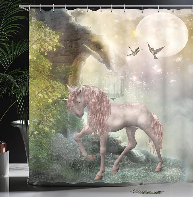 Ambesonne Hummingbirds Shower Curtain, Unicorn Green Spring Leaves Birds Twinkling Star Moon Mystic Fantasy, Cloth Fabric Bathroom Decor Set with Hooks, 69" W x 75" L, Dark Eggshell Fern Green