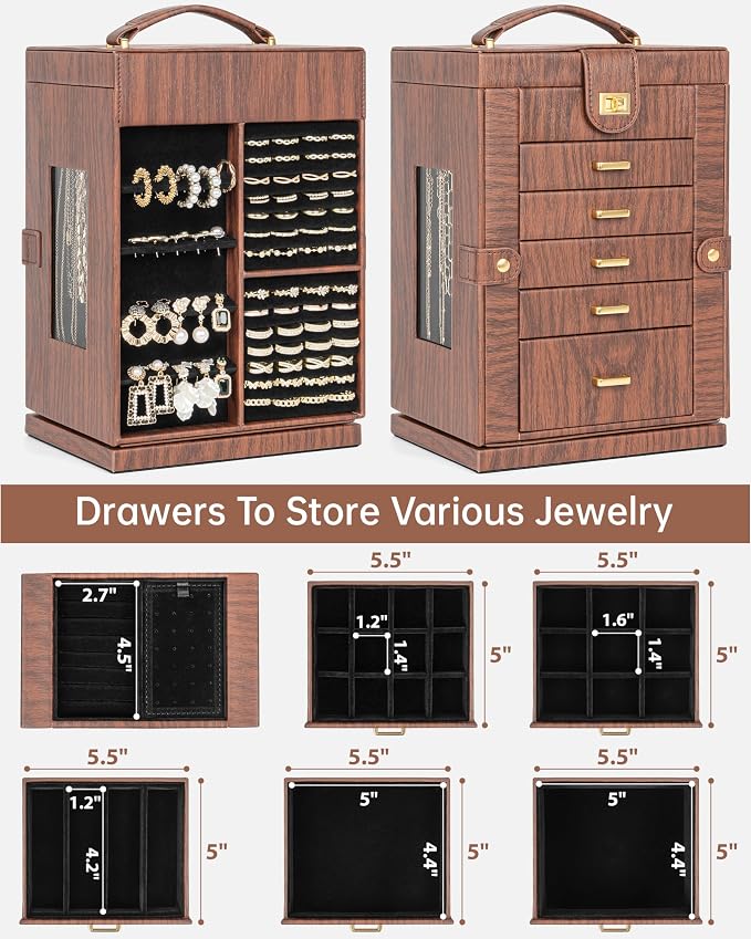 AKOZLIN 6-Tier Jewelry Box Organizer Functional 5 Drawers Leather Jewelry Storage Case for Women Girls Ring Necklace Earring Bracelet Holder Organizer with Mirror Red 360° Rotating