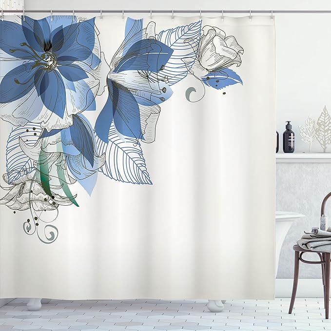 Ambesonne Flowers Shower Curtain, Buds Leaf at The top Left Corner Season Celebrating Theme Illustration, Cloth Fabric Bathroom Decor Set with Hooks, 69" W x 70" L, Azure Blue White