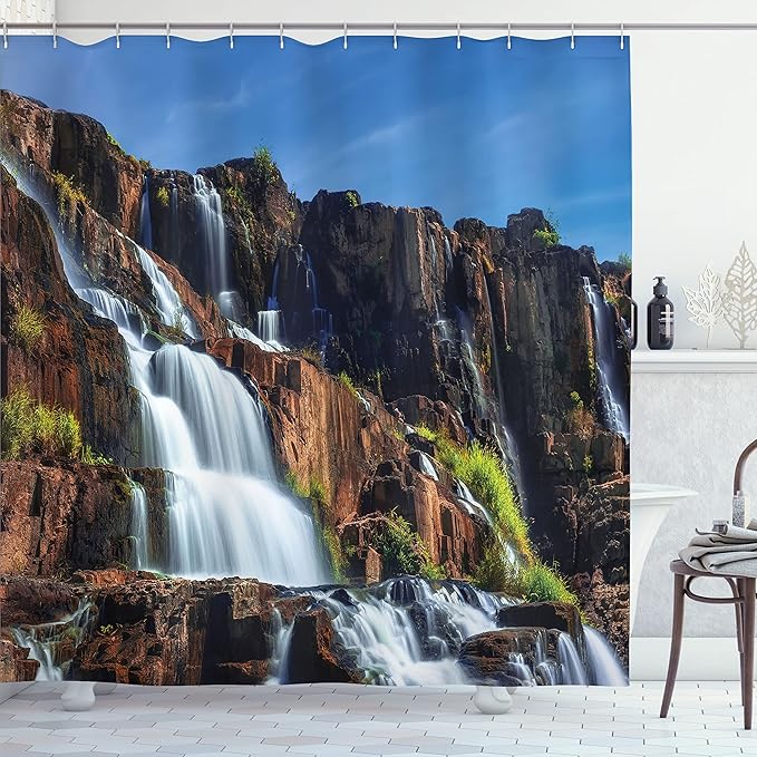 Ambesonne Rainforest Shower Curtain, Pongour Waterfall Exotic Natural Beauty Landscape Mountain Rocks Print, Cloth Fabric Bathroom Decor Set with Hooks, 69" W x 84" L, Ecru Blue