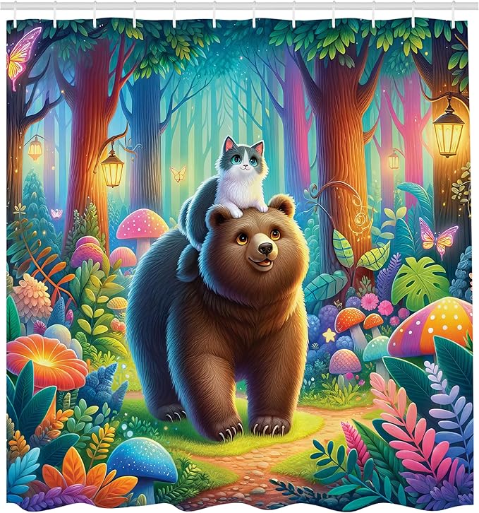 Ambesonne Funny Shower Curtain, Rave Colors of Fantasy Woodland Scenario Peaceful Cat and Bear Friends Happy, Cloth Fabric Bathroom Decor Set with Hooks, 69" W x 75" L, Caramel Multicolor