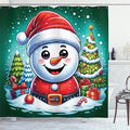 Ambesonne Christmas Shower Curtain, Cartoon Xmas Snowman Santa with Pine Trees in Snowy Winter Holiday, Cloth Fabric Bathroom Decor Set with Hooks, 69" W x 75" L, Green Soft Blue Dark Pink