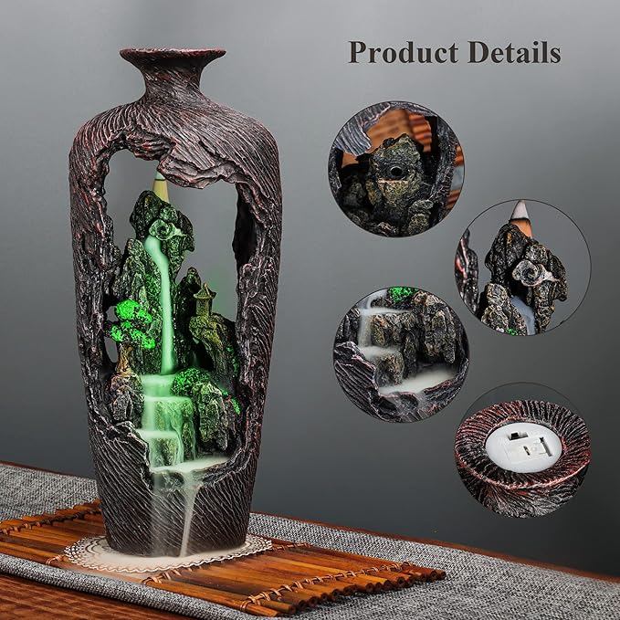 DOBEHOME Mountain Waterfall Incense Burner Backflow Incense Burner Incense Smoke Waterfall with 100 Backflow Incense Cones，Tweezer，Mat (Vase Shape)