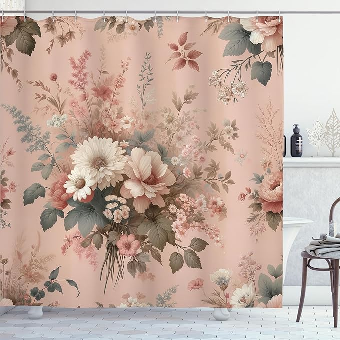 Ambesonne Floral Shower Curtain, Vintage Farmhouse Delicate Wild Flowers Arrange on Pastel Plain Back, Cloth Fabric Bathroom Decor Set with Hooks, 69" W x 75" L, Blush Pale Reseda Green