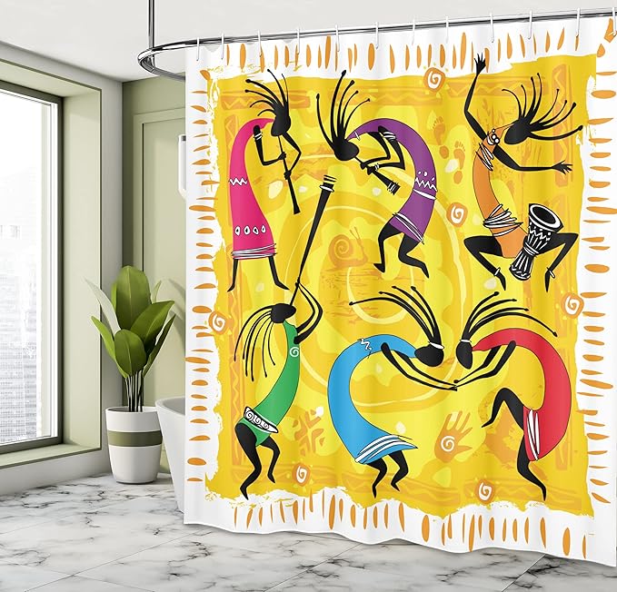 Lunarable EthnicShower Curtain, Dancing Playing Musical Instrumentss on Tribal Patterns Artwork, Cloth Fabric Bathroom Decor Set with Hooks, 69" W x 70" L, Purple Yellow