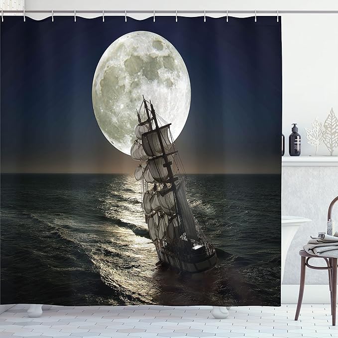 Ambesonne Landscape Shower Curtain, Midnight Moon Stars Fullmoon Eclipse at Night with Pirate Ship Sailing in Ocean, Cloth Fabric Bathroom Decor Set with Hooks, 69" W x 70" L, Multicolor