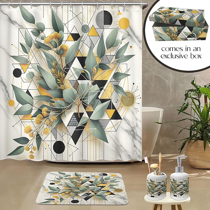 Ambesonne Eucalyptus Leaves Bathroom Decor Set 4 Pcs Including Shower Curtain with Hooks Bath Mat Soap Dispenser Toothbrush Holder in Box Essentials & Accessories, Blossomy Art, Green Black Mustard