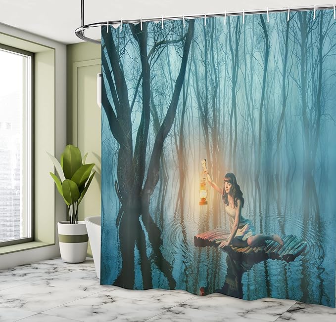 Ambesonne Gothic Shower Curtain, Woman Floating on The Lake with Tree Trunks Boat Rustic Dress in Misty Forest, Cloth Fabric Bathroom Decor Set with Hooks, 69" W x 84" L, Turquoise Peach