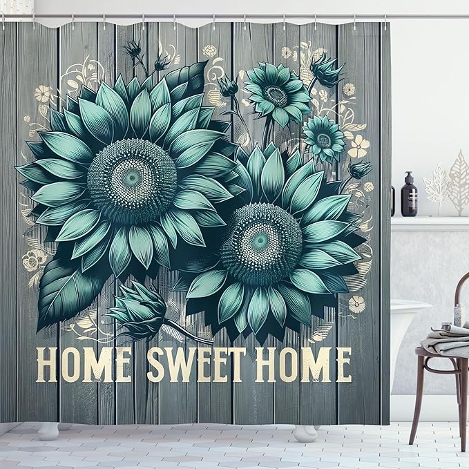 Ambesonne Teal Shower Curtain, Aquamarine Tone Sunflowers and Home Concept Phrase Modern Rustic Farmhouse, Cloth Fabric Bathroom Decor Set with Hooks, 69" W x 84" L, Seafoam Dark Sea Green