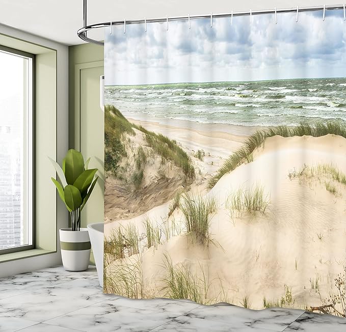 Ambesonne Beach Shower Curtain, Windy Day in The Baltic Seaside in Lithuania Huge Grand Waves Tidal Flow Surfing Spot, Cloth Fabric Bathroom Decor Set with Hooks, 69" W x 75" L, Cream Blue