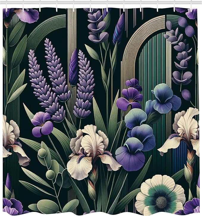 Ambesonne Lavender Shower Curtain, Mid Century Modern Boho Arch Details Jungle Atmosphere Blooming Flowers, Cloth Fabric Bathroom Decor Set with Hooks, 69" W x 84" L, Eggshell Green Purple