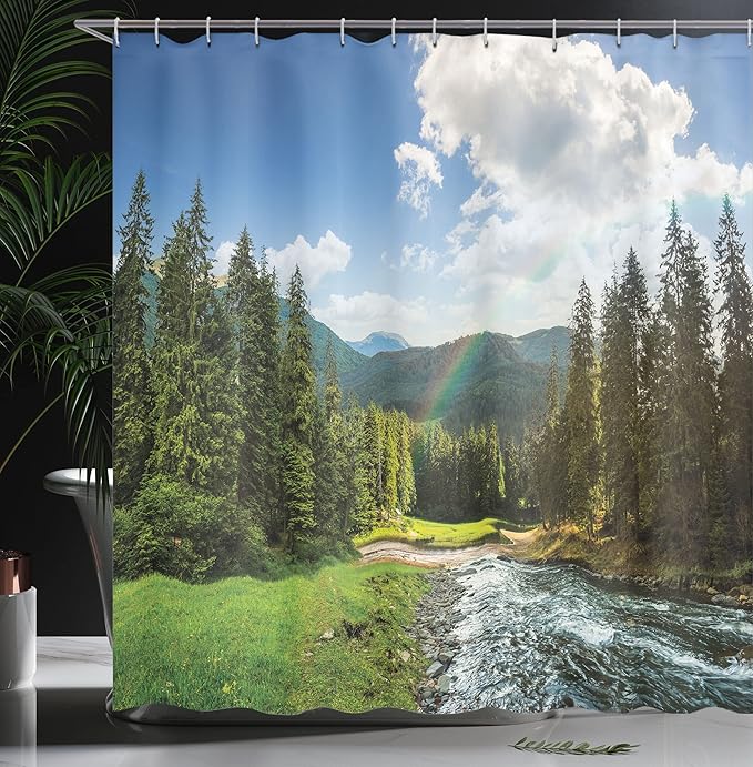 Ambesonne Landscape Shower Curtain, Riverside Flowing Mountain with Towering Pine Trees and Rainbow Clouds Sunny Day, Cloth Fabric Bathroom Decor Set with Hooks, 69" W x 70" L, Hunter Green