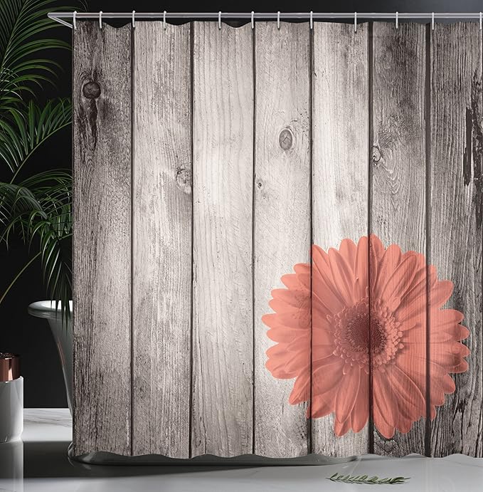 Ambesonne Rustic Shower Curtain, Flower Red Dahlia on Foreground of Murky Featured Dated Wooden Board Retro Art Print, Cloth Fabric Bathroom Decor Set with Hooks, 69" W x 70" L, Salmon