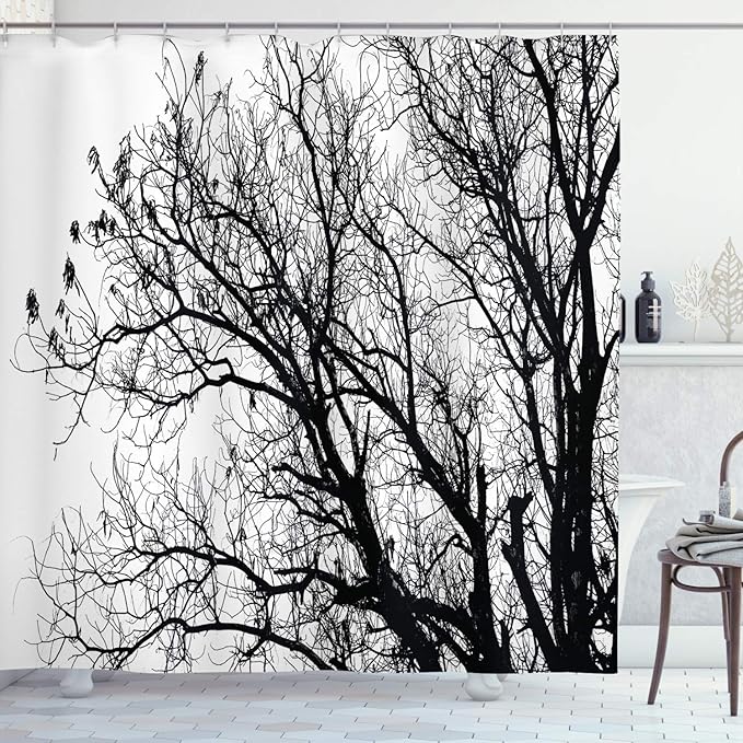Ambesonne Nature Shower Curtain, Leafless Autumn Fall Tree Branches Tops Oak Forest Woodland Season Eco Theme, Cloth Fabric Bathroom Decor Set with Hooks, 69" W x 84" L, Charcoal Grey White