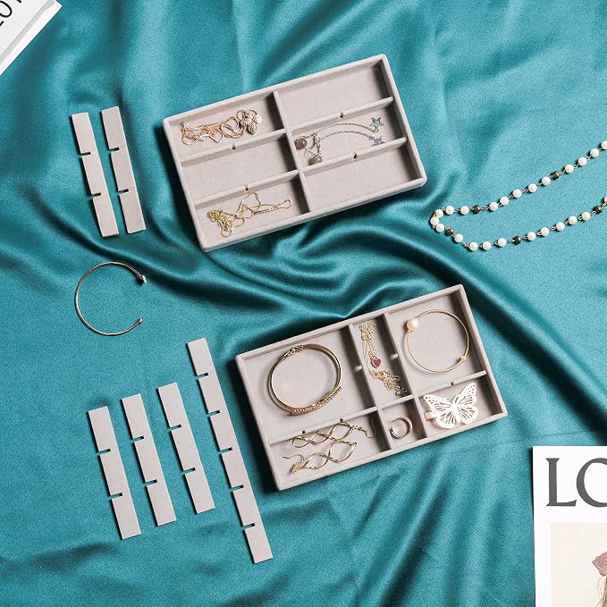 Frebeauty Jewelry Trays for Drawer,Set of 9 Jewelry Organizer and Storage | Velvet Material,Earring Holder Organizer,Stackable Jewelry Display for Vanity,Drawer Inserts for Rings,Studs,8.3×4.9 inch