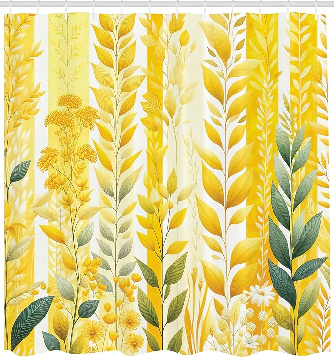 Ambesonne Yellow Shower Curtain, Abstract Botanic Vertical Bicolor Leaves Creeper Print with Summer Colors, Cloth Fabric Bathroom Decor Set with Hooks, 69" W x 84" L, Reseda Green Mustard