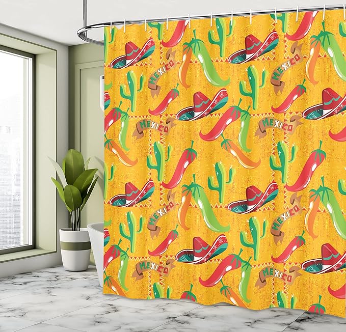 Ambesonne Mexican Shower Curtain, Elements with Cactus Hat and Chili Pepper Pattern Over Grunge Background Print, Cloth Fabric Bathroom Decor Set with Hooks, 69" W x 75" L, Dark Yellow