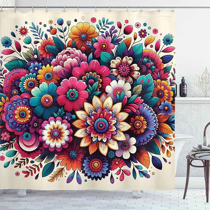 Ambesonne Boho Floral Shower Curtain, Abstract Whimsical Trippy Colorful Flowers Arrange on Beige Back, Cloth Fabric Bathroom Decor Set with Hooks, 69" W x 84" L, Hot Pink Teal Multicolor