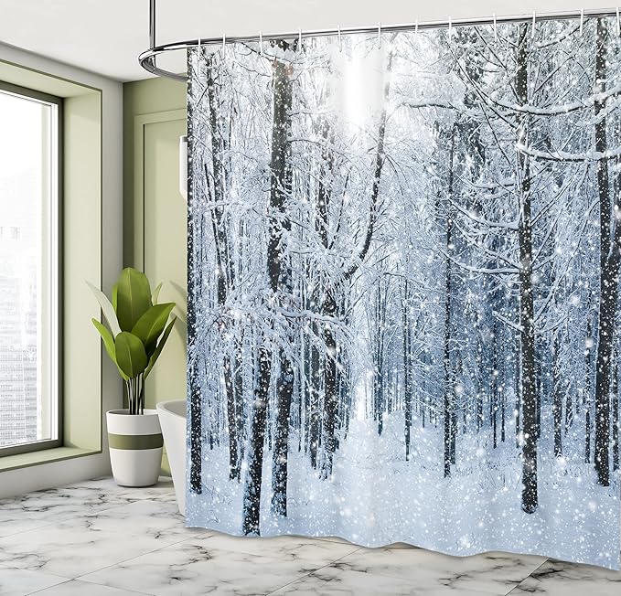 Ambesonne Winter Shower Curtain, Snow Covered Forest Idyllic Early Morning Scenery Seasonal Xmas Nature, Cloth Fabric Bathroom Decor Set with Hooks, 69" W x 70" L, Black White Slate Blue